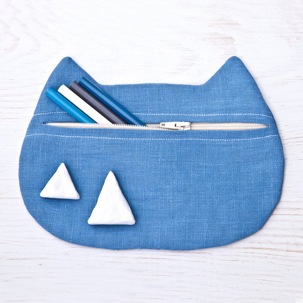 Cat Cosmetic Bag Blue Linen - wishMeow 
