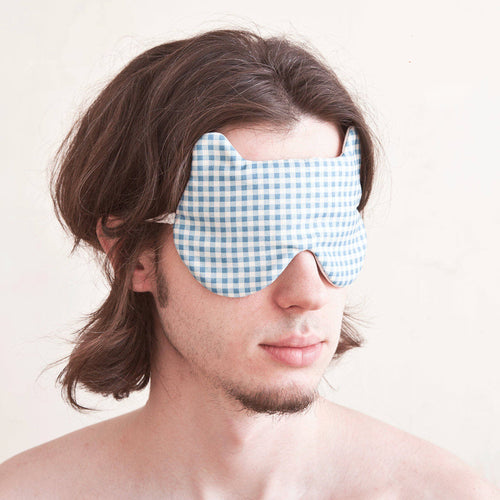 Blue Checkered Bear Sleep Mask for Men, Cotton Eye Mask