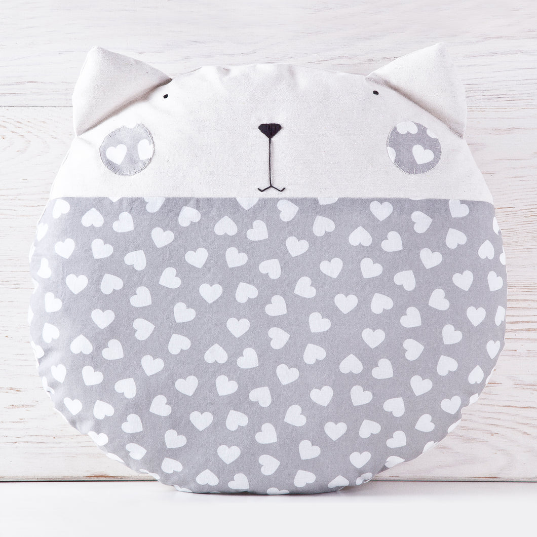 Round Cat Pillow, Hearts Cushion, Gray Nursery Decorative Pillow