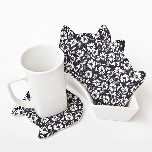 Black Floral Coasters Set, Cat Lover Gift, Drink Absorbent Fabric Coasters, Housewarming Gifts, Kitchen Accessory, Tea Mats 