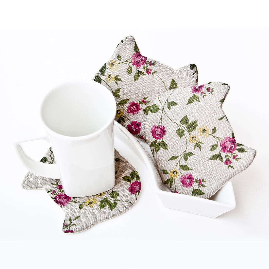 Cat Linen Coasters Set Absorbent, Cat Lover Gift, Kitchen Accessory, Floral Table Mats, Linen Kitchen Decor