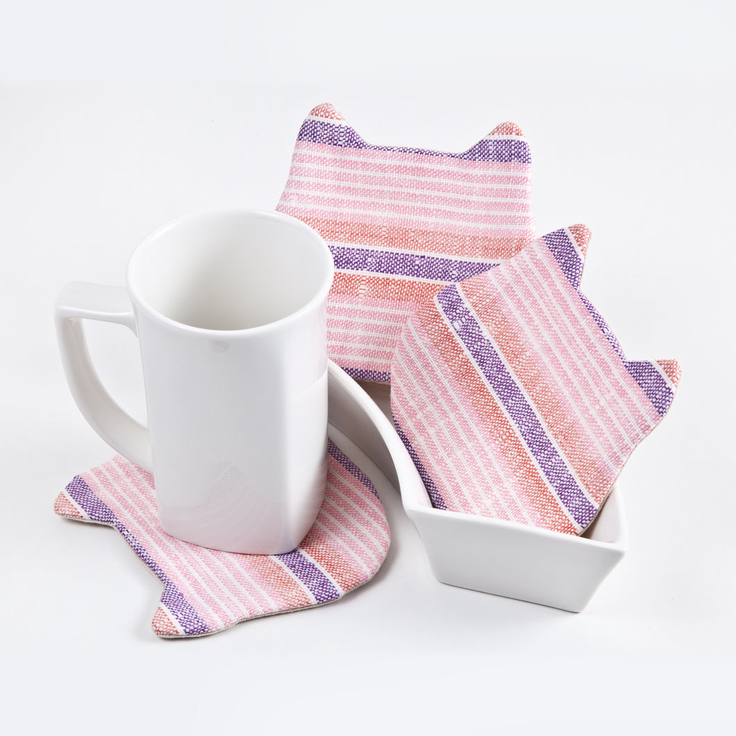 Pink Striped Absorbent Cat Coasters Set of 4, Fabric Tea Mats, Cat Lover Gift - wishMeow