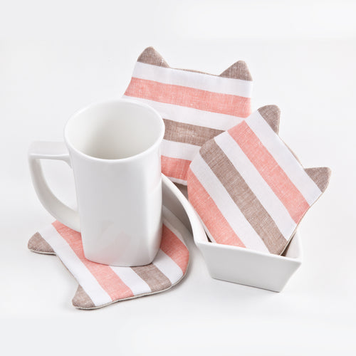 Striped Absorbent Cat Coasters Set of 4, Fabric Tea Mats, Cat Lover Gift, Coral Brown White