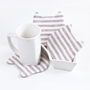 Striped Absorbent Cat Coasters Set of 4, Fabric Tea Mats, Housewarming Gifts