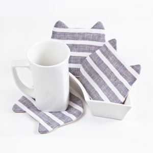 Gray White Coasters, Striped Absorbent Cat Coasters Set of 4, Fabric Tea Mats, Cat Lover Gift