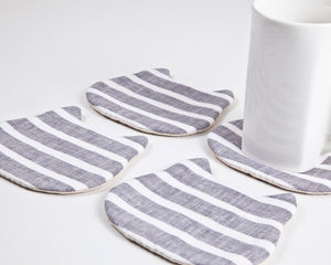 Gray White Coasters, Striped Absorbent Cat Coasters Set of 4, Fabric Tea Mats, Cat Lover Gift - wishMeow