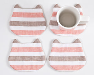 Striped Absorbent Cat Coasters Set of 4, Fabric Tea Mats, Cat Lover Gift, Coral Brown White - wishMeow