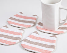 Load image into Gallery viewer, Striped Absorbent Cat Coasters Set of 4, Fabric Tea Mats, Cat Lover Gift, Coral Brown White - wishMeow
