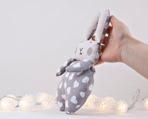 Gray Bunny Toy in Hearts, Nursery Decor - wishMeow