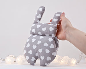 Gray Bunny Toy in Hearts, Nursery Decor - wishMeow