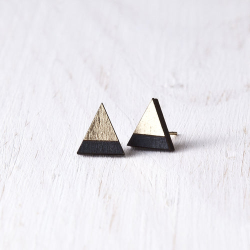 Wooden Mountain Gold Black Stud Earrings, Valentines Day Gift for Her