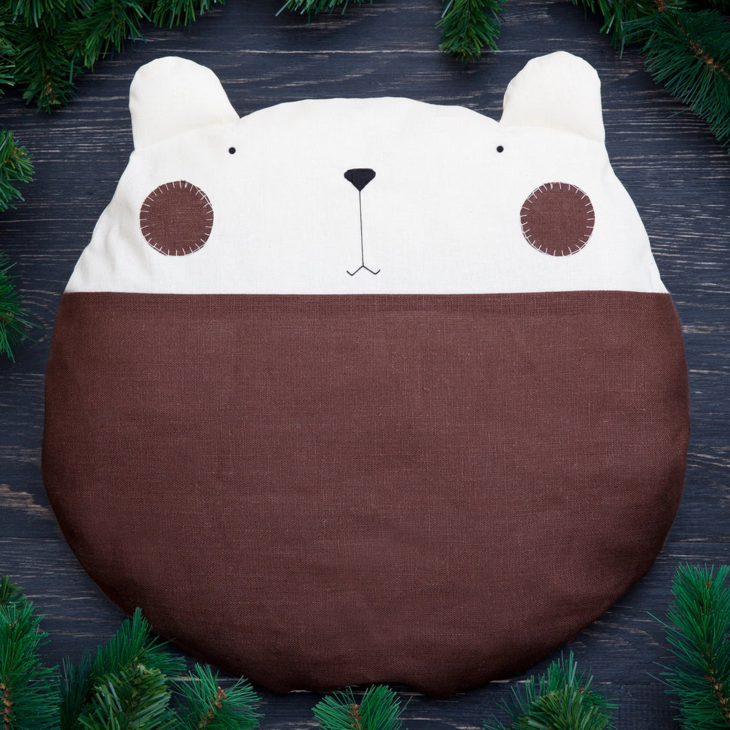 Bear Pillow, Brown Nursery Decor, Linen Round Cushion