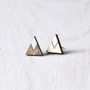 Wooden Gold White Mountain Stud Earrings, Valentines Day Gift for Her