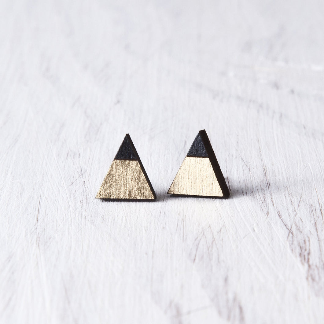 Triangle Gold Black Stud Earrings, Valentines Day Gift for Her