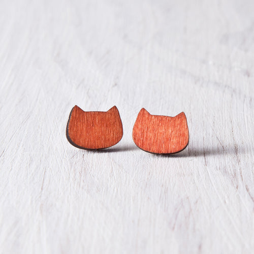 Orange Wooden Cat Stud Earrings