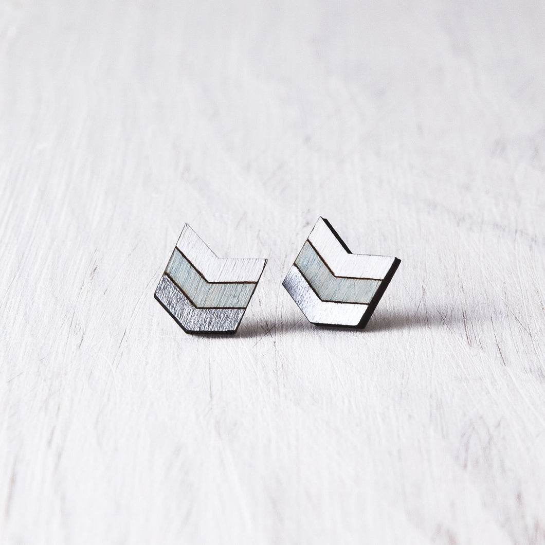 Boho Arrow Earrings, Silver Blue White Geometric Studs
