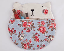 Load image into Gallery viewer, Blue Floral Cat Makeup Bag, Provence Roses Cosmetic Bag - wishMeow