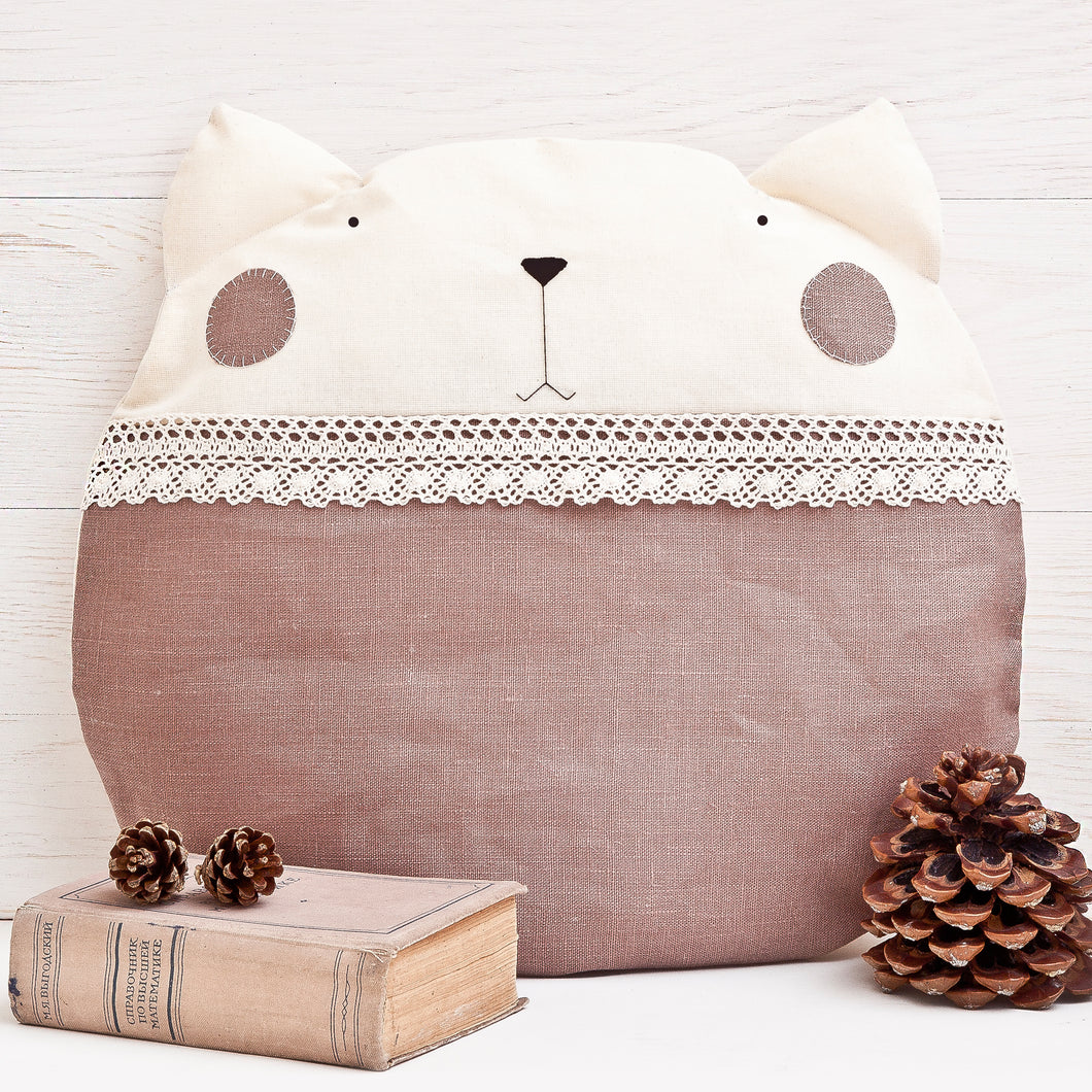 Round Cat Pillow, Beige Cushion, Decorative Baby Pillow
