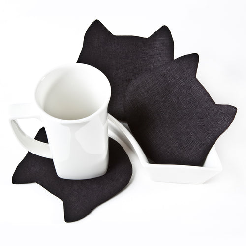 Linen Black Cat Coasters Set, Cat Lover Gift, Kitchen Decor, Absorbent Fabric Coasters, Housewarming Gifts, Kitchen Organization 