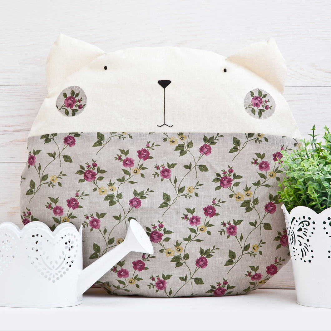Cat Decorative Pillow, Floral Nursery Decor, Linen Round Cushion