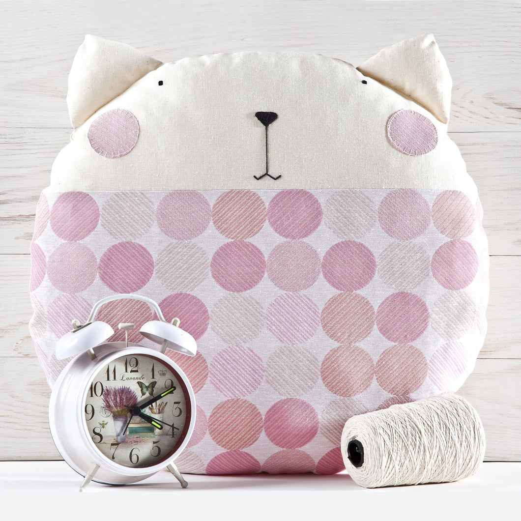 Cat Decorative Pillow, Pink Nursery Decor, Dotted Round Cushion