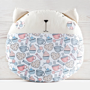 Pastel Cat Pillow, Round Cupcakes Cushion, Nursery Decorative Pillow