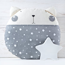 Load image into Gallery viewer, Cat Decorative Pillow, Stars Nursery Decor, Gray Round Cushion