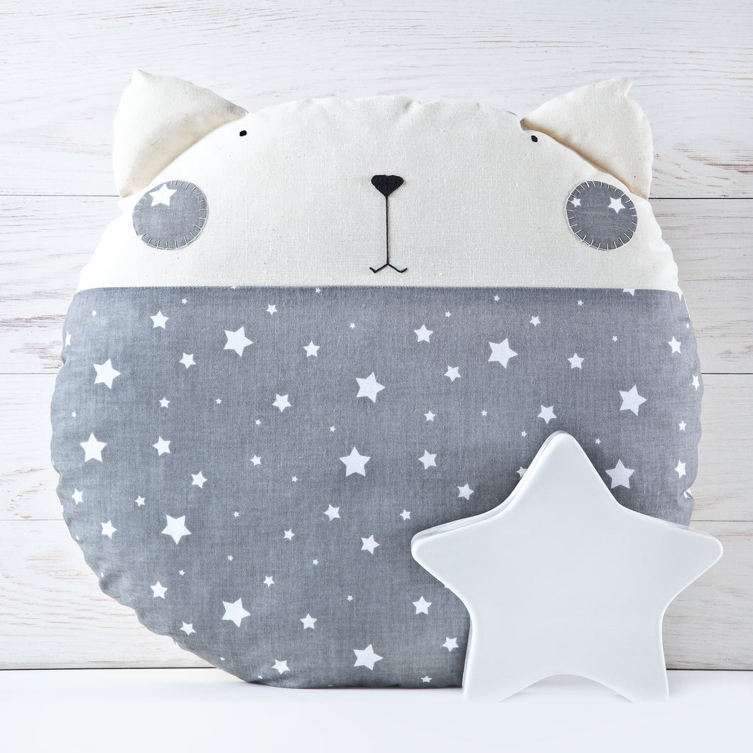 Cat Decorative Pillow, Stars Nursery Decor, Gray Round Cushion