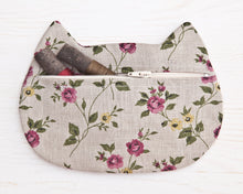 Load image into Gallery viewer, Cat Cosmetic Bag, Linen Floral Makeup Bag - wishMeow