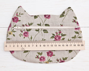 Cat Cosmetic Bag, Linen Floral Makeup Bag - wishMeow