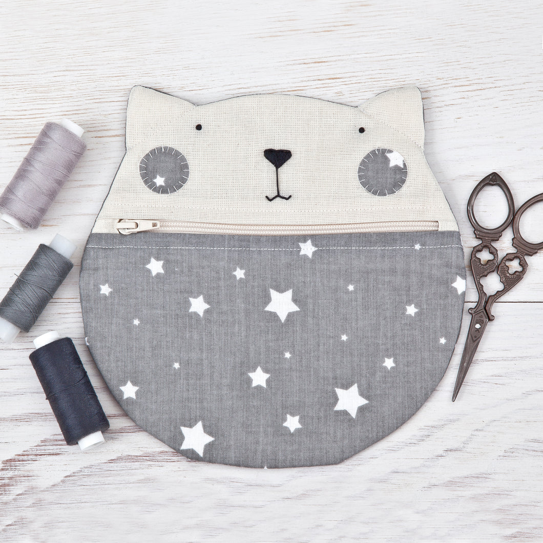 Gray Cat Makeup Bag Stars - wishMeow