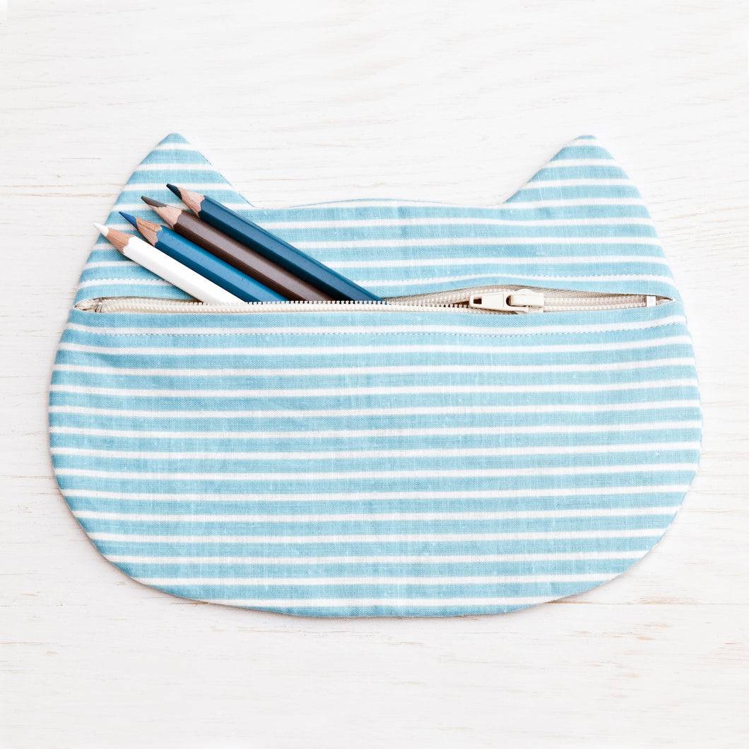 Blue Cat Cosmetic Bag, Striped Makeup Bag - wishMeow 