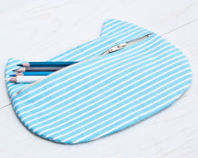 Load image into Gallery viewer, Blue Cat Cosmetic Bag, Striped Makeup Bag - wishMeow 