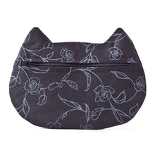 Load image into Gallery viewer, Black Linen Cat Cosmetic Bag with Floral Pattern - wishMeow