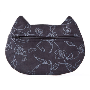 Black Linen Cat Cosmetic Bag with Floral Pattern - wishMeow