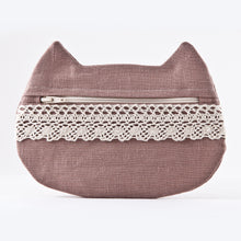 Load image into Gallery viewer, Cat Cosmetic Bag Beige Linen with Lace 