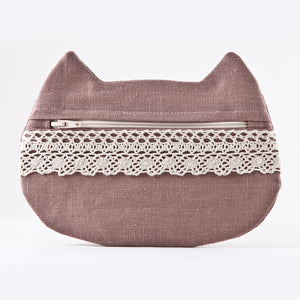 Cat Cosmetic Bag Beige Linen with Lace 
