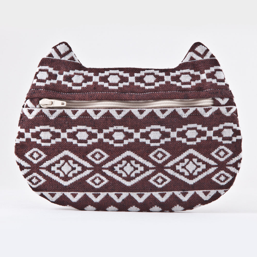 Brown Cat Cosmetic Bag with Native Pattern - wishMeow 