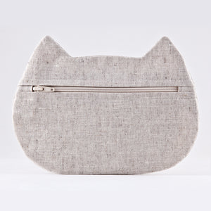 White Cat Cosmetic Bag, Linen Makeup Bag - wishMeow