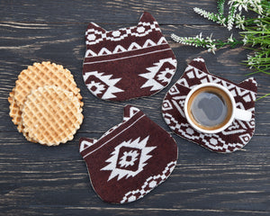 Tribal Cat Coasters Set, Brown Absorbent Tea Mats Set of 4, Housewarming Gifts - wishMeow
