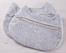 Load image into Gallery viewer, Gray Cat Cosmetic Bag, Paisley Makeup Bag - wishMeow