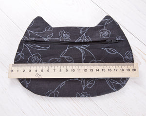 Black Linen Cat Cosmetic Bag with Floral Pattern - wishMeow