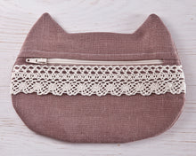 Load image into Gallery viewer, Cat Cosmetic Bag Beige Linen with Lace 