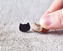 Load image into Gallery viewer, Deep Black Wooden Cat Stud Earrings