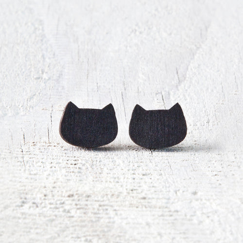 Deep Black Wooden Cat Stud Earrings