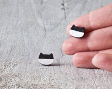 Load image into Gallery viewer, Black White Cat Stud Earrings, Wooden Studs