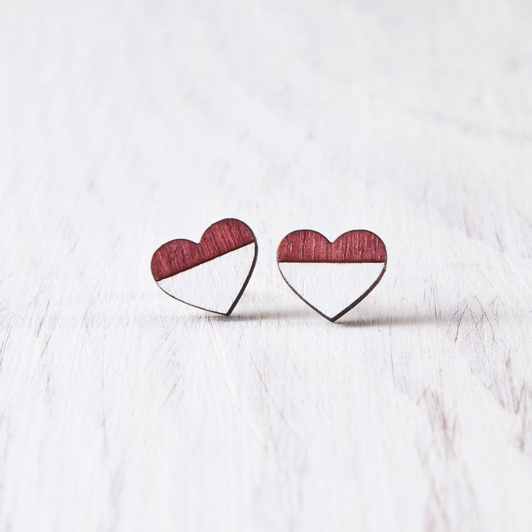 Wooden Red White Heart Studs - JuliaWine