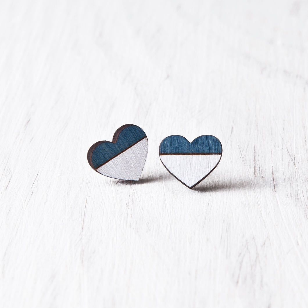 Wooden Blue White Heart Studs - JuliaWine