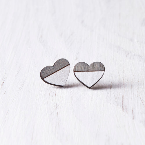 Wooden Gray White Heart Studs - JuliaWine