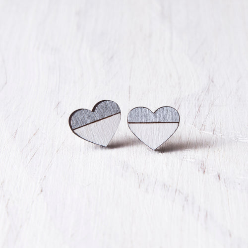 Wooden Silver White Heart Studs - JuliaWine